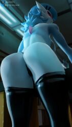 anthro ass ass_focus athletic athletic_anthro athletic_female blue_body blue_hair female furry furry_female gardevoir glasses glowing glowing_eyes leaning leaning_forward looking_at_viewer medium_breasts night perky_breasts pokemon pokemon_(species) red_eyes samtrix solo solo_female thick_thighs thighhighs thighs thong thong_bikini warfare_gardevoir warfaremachine_(modeler) white_body