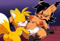 1boy 1girls 2_tails ai_generated big_ass big_breasts big_butt closed_eyes cunnilingus half-closed_eyes miles_tails_prower moaning nicole_the_lynx on on_back open_mouth oral sega sonic_(series) sonic_the_hedgehog_(archie) sonic_the_hedgehog_(comics) sonic_the_hedgehog_(series) spread_legs tails_the_fox thick_thighs tongue tongue_out wide_hips