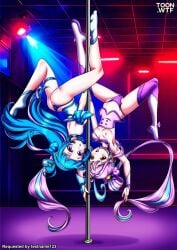 2girls aokaze_nana ass bbmbbf breasts female female_only kimi_to_idol_precure looking_at_viewer multiple_girls nipples open_mouth palcomix pole precure pretty_cure shigure_kokoro stripper stripper_pole tongue toon.wtf