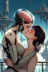 2girls ai_generated animated black_hair blush brain closed_eyes cybernetic_arm cybernetic_limb cybernetics cyborg cyborg_girl embracing female/female female_only future glowing handrail happy hugging lovers loving_couple loving_embrace married_couple music naked_female passionate reincarnation reunion romantic_ambiance short_hair tagme video wife_and_wife wires yuri