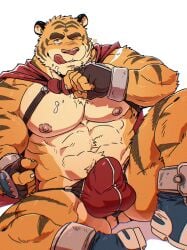 2022 5_fingers anthro bearwivme build_tiger build_tiger_(character) claws clothing colored felid fingerless_gloves fingers gloves handwear hi_res humanoid_hands male mammal muscular muscular_anthro muscular_male muscular_thighs nipples pantherine pecs signature solo tiger