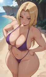 absurd_res ai_generated big_ass big_breasts bikini blonde_hair breasts female female_only forehead_mark looking_at_viewer naruto_(series) outdoors shiroiai tsunade twin_pigtails twintails wide_hips
