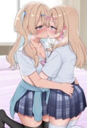 ai_generated black_thighhighs hug kedarui_aashii kissing shirakawa_runa white_thighhighs yuri