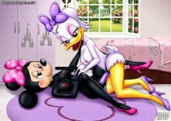 2girls anthro ass bbmbbf blush breasts daisy_duck disney female female/female female_only furry heels high_heels minnie_mouse nipples nude open_mouth palcomix pussy pussy_juice sex sex_toy strap-on teeth tongue toon.wtf vaginal_penetration vaginal_sex yuri