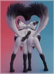 3d_(artwork) android anthro anus ass ass_up balls blue_eyes blush butt_grab canid canine digital_media_(artwork) duo ear_tuff erection fluffy fluffy_tail fox fur genitals hand_on_butt hi_res holidays machine male male/male mammal nude penis penis_grab robot ruf ruf_(rufsi) rufsi simple_background smile tail valentine's_day white_body white_fur