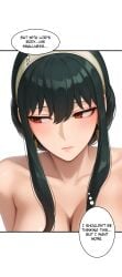 ai_generated bangs black_hair blush breasts cleavage closed_mouth collarbone comic completely_nude earrings english_text female gold_earrings gold_hairband hair_between_eyes hairband jewelry juliatitusart large_breasts long_hair looking_away looking_to_the_side manhwa nude red_eyes sidelocks simple_background solo speech_bubble thought_bubble upper_body white_background white_hairband yor_briar