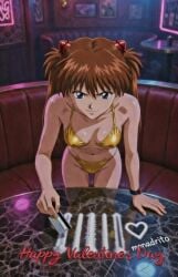 ai_generated angry asuka_langley_sohryu asuka_langley_soryu bar bent_over bikini bimbo blue_eyes brown_hair casino cleavage cocaine confident credit_card curvy detailed detailed_background dim_lighting drug_use drugs english_text explicit female gold_bikini golden_bikini happy_valentine's_day heart highres holding_object large_breasts leaning_forward long_hair looking_at_viewer micro_bikini monadrito neon_genesis_evangelion neon_lights nightclub nipples_visible_through_clothing nsfw poker_table pov pov_from_above powder_on_table seductive solo suggestive thick_thighs tsundere twintails valentine's_day voluptuous white_powder