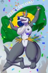2026 2:3 absurd_res anthro aquatic big_breasts brazil brazilian_carnival brazilian_flag breasts carnival_(holiday) digital_drawing_(artwork) digital_media_(artwork) digitigrade female fingers fish genitals guispe_opockjha hi_res holidays jewelry nipples nude scalie shaded shark signature simple_background smile solo tail teeth text vulva