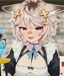1girls bandaid_on_nose boob_window breasts cleavage female fox_ears fox_girl harness indie_virtual_youtuber maid maid_headdress red_eyes virtual_youtuber vtuber x_hair_ornament