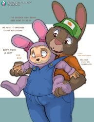 absurd_res ageplay anthro blush bulge canid canine clothing costume disney duo english_text feet fennec_fox finnick_(zootopia) foot_grab fox hi_res kuuneho lagomorph leporid male male/male mammal onesie overalls rabbit roleplay stu_hopps text true_fox zootopia
