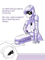 belly big_breasts big_butt big_nipples big_penis cum food futanari mecatiuh murder_drones nori_(murder_drones) robot_girl subway_(franchise) text uzi_(murder_drones) white_body