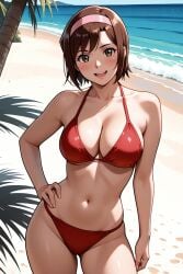1girl :d ai-created ai_generated bare_shoulders beach bikini blush breasts brown_eyes brown_hair cleavage collarbone contrapposto cowboy_shot day devilman female hairband hand_on_own_hip large_breasts looking_at_viewer miki_makimura navel ocean open_mouth outdoors palm_tree pink_hairband pixiv red_bikini rena_aikawa_(pixiv_user) sand short_hair sky smile solo stable_diffusion standing stomach swimsuit teeth thighs tree upper_teeth_only