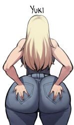 1girls ass_focus backside big_ass blackwhiplash blonde_hair hands_on_ass huge_ass jeans jujutsu_kaisen simple_background solo tagme yuki_tsukumo