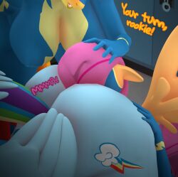 3d_(artwork) animal_ears anthro anthrofied ass bent_over big_breasts big_butt blue_body blue_clothing breasts clothed clothing cutie_mark detailed_background dialogue digital_media_(artwork) equid equine faceless_character feathered_wings feathers female friendship_is_magic group hasbro hi_res huge_butt inside locker_room mammal my_little_pony mythological_creature mythological_equine mythology nude oral orange_body pegasus purplefondue rainbow_dash_(mlp) scootaloo_(mlp) spitfire_(mlp) stinkface tail text trio wings wonderbolts_(mlp) yellow_body