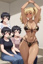 ai_generated anime_style bikini blonde_hair confident curvy female group_of_girls indoors large_breasts looking_at_another original_character teasing twintails
