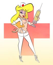 animaniacs blonde_hair breasts female hello_nurse heloise_nerz lipstick nipples nurse open_shirt panties red_lipstick solo syringe tagme themrock thighhighs topless warner_brothers