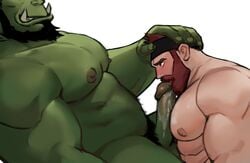 2boys abs bara beard between_pecs big_pecs blush chest_hair colored_skin completely_nude cum cum_on_body cum_on_pectorals dopq erection facial_hair fangs from_side gay green_skin hand_on_another's_head headband interspecies jang_ju_hyeon large_pecs licking licking_penis male male_focus male_only male_pubic_hair monster_boy multiple_boys muscular muscular_male navel_hair nipples nude orange_hair orc orc_on_human original paizuri pecjob pecs pectorals penis plump pointy_ears pubic_hair short_hair size_difference smirk uncensored yaoi yy6242