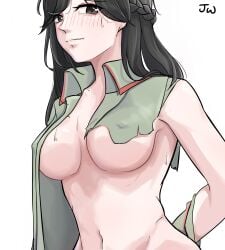 1girls big_breasts black_hair blush breasts close-up closed_mouth clothing covered_nipples female female_only general_liu_(girls'_frontline) girls'_frontline grey_eyes jw_(wrdawrda) large_breasts long_hair looking_at_viewer navel nipples revealing_clothes ripped_clothing sweat sweatdrop underboob upper_body
