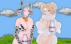 3d 3d_model bell_collar belly big_breasts blonde blonde-haired_female blonde_hair blue_hair breasts breasts_bigger_than_head chiebukuro_setsuka cow_bikini cow_print cow_print_bikini danganronpa_another fanganronpa goat japanese_text koikatsu koikatsu_(medium) large_breasts male mask masked masked_female purple_eyes rule_63 sannoji_mikado super_danganronpa_another_2 yellow_eyes