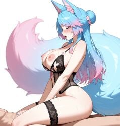 1boy 1girls ai_generated black_lingerie black_thighlet blue_eyes blue_hair blush breasts breasts_out cowgirl_position hair_bun half-closed_eyes large_breasts lingerie long_hair moaning multicolored_hair multicolored_tail naked naked_male nipples nude nude_male penis_in_pussy pink_hair sex silvervale thighlets vaginal_penetration virtual_youtuber vtuber wolf_ears wolf_girl wolf_tail