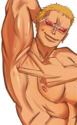 arm_up armpit armpit_crease armpit_fetish blonde_hair creepyslimy donquixote_doflamingo male male_only muscular muscular_male one_piece smile solo sunglasses sweat tan-skinned_male tan_skin topless topless_male upper_body