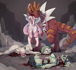 1boy 3futas anthro anthro_death bahamosia balls big_penis breasts death decapitation dinosaur feral futa_anthro futa_death futanari gardevoir guro hatterene horsecock male male_feral meowscarada penis pokemon tagme tapering_penis tyrantrum