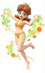 1girls :d ai_generated bare_legs barefoot bikini blue_eyes bra breasts brown_hair cleavage clothing crown earrings feet female female_only flipped_hair flower flower_earrings frills full_body happy jewelry leg_up legs light-skinned_female light_skin lingerie lips long_hair looking_at_viewer magic mario_(series) medium_breasts medium_hair navel nintenart3d nintendo open_mouth orange_bra orange_flower orange_panties panties parted_bangs petals princess_daisy simple_background smile solo stomach swimsuit toes transparent_background underwear underwear_only white_background yellow_flower yellow_panties
