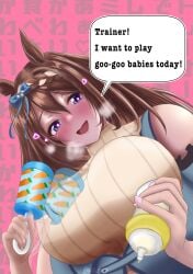 1girls 2d 2d_(artwork) 2d_artwork ageplay animal_ears beige_sweater big_breasts black_text blue_bow blue_eyes blue_ribbon blush blushing_at_viewer blushing_female boobs_bigger_than_head bottle bottle_of_milk bow bow_in_hair breasts brown_hair carrot carrot_print character_pov dark_blue_eyes drawing drawn ear eyebrows eyelashes eyes female female_focus female_only hair hair_ribbon hairbow hands heart_eyes hearts_around_head hearts_in_eyes horse_ears horse_girl lips long_brown_hair long_brown_hair_female long_hair looking_at_viewer looking_down looking_down_at_viewer mentioned_character milk milk_bottle mommy mommy_dom mommy_kink nails nails_painted nose painted_nails pink_background pink_nails pov rattle ribbon ribbon_in_hair self_insert smile smile_at_viewer smiling smiling_at_viewer soft_dom soft_domination super_creek_(umamusume) sweater talking_to_viewer text text_bubble text_in_background tits_bigger_than_head trainer_(umamusume) umamusume umamusume_pretty_derby unseen_character watermark