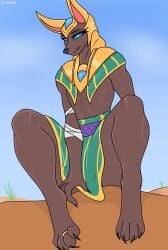anthro bandage bandaged_arm canid canine desert egyptian furry furry_only headgear helmet hotfilk league_of_legends league_of_legends:_wild_rift nasus open_mouth shiny_skin spread_legs thicc thick_thighs wide_hips