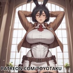 ai_generated armpit armpit_fetish armpit_peek armpits attack_on_titan belt big_breasts black_eyes black_hair breasts brown_jacket brown_skirt bunny_ears bunnysuit clothes_lift female green_eyes hair_between_eyes heart-shaped_pupils high_resolution highres huge_boobs huge_breasts jacket large_boobs large_breasts leotard looking_at_viewer mature mature_female mikasa_ackerman mikasa_ackerman_(pre_s4) milf mommy paradis_military_uniform patreon pink_hair shingeki_no_kyojin tongue tongue_out toyotaku