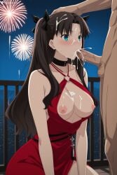 1boy after_fellatio ai_generated bare_shoulders black_hair blue_eyes blush breasts breasts_outside censored collarbone cum cum_in_mouth cum_on_body cum_on_breasts cum_on_upper_body digitalwaifugallery dress ejaculation facial fate/stay_night fellatio female fireworks hair_ribbon hi_res high_quality high_resolution large_breasts long_hair night nipples no_bra oral patreon penis red_dress ribbon seductive sexy straight testicles tohsaka_rin two_side_up uncensored watermark