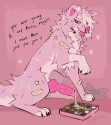 absurd_res animal_genitalia animal_penis band-aid bandage bodily_fluids box_of_chocolates candy canid canine canine_genitalia canine_penis canis chocolate cum cum_drip cum_on_food dessert domestic_dog dripping ejaculation english_text erection facial_piercing feral flirting food food_fetish food_play fur genital_fluids genitals hair heart_symbol hi_res holidays knot knotted_penis looking_at_viewer male mammal multiple_piercings nose_piercing paws penis piercing pillow_(slumberpup) raised_arm raised_paw septum_piercing sitting slumberpup solo text tongue valentine's_day vein veiny_penis