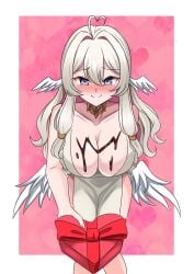 1girls apron apron_only big_breasts blue_eyes blush blushing blushing_at_viewer chocolate chocolate_on_breasts cleavage head_wings heart-shaped_box heart_ahoge hi_res highres hip_wings holding_box holding_object indie_virtual_youtuber looking_at_viewer mariefd smile smiling smiling_at_viewer solo solo_female solo_focus virtual_youtuber white_hair wings xanadu_avici xanaduavici