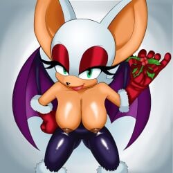2d 2d_(artwork) 2d_artwork bat_ears bat_wings big_boobies big_breasts big_titties busty busty_female dark-skinned_female dark_areola dark_areolas deliciouscake eyelashes green_eyes half-closed_eyes large_breasts naked_cake123 nipples red_eyeshadow red_gloves red_lipstick rouge_the_bat sega smiling_at_viewer smug_face sonic_(series) sonic_the_hedgehog_(series) thecakeee