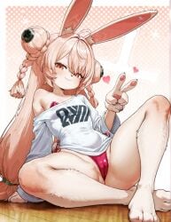 ai_generated bunny_girl cute female female_focus female_only floresai huge_ass looking_at_viewer medium_breasts oversized_clothes patreon patreon_url patreon_username petite slender_frame thick_thighs v_sign wide_hips zhao_(zenless_zone_zero)