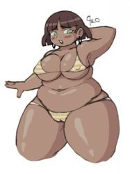 bikini blush brown_hair chubby chubby_female dark-skinned_female fanart green_eyes lipstick micro_bikini quezoide shiny_skin short_hair swimsuit thick thick_ass thick_hips thick_legs thick_thighs thighhighs thighs