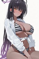ai ai_generated ai_paruwa big_breasts bikini blue_archive curvy_female dark-skinned_female fake_art jacket jacket_open karin_(blue_archive) purple_hair sitting_down tan-skinned_female thick_thighs wide_hips
