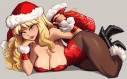1girls 2025 blonde_hair blue_eyes blush breasts christmas cleavage dress epic_games female female_only fortnite grey_background hand_on_head high_heel_boots high_heels long_hair lying_down lying_on_stomach magaska19 painted_fingernails painted_nails pantyhose pink_lips pink_lipstick real_person red_dress red_nails sabrina_carpenter sabrina_carpenter_(fortnite) santa'brina santa_costume santa_hat santa_sack thick_thighs thighs