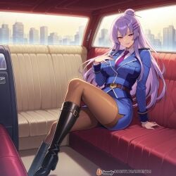 ai_generated boots breast_pockets breasts clothing crossed_legs female female_focus formal frolaytia_capistrano hair_pin heavy_object high_heels high_heels_boots huge_breasts legs limousine long_hair lying military military_uniform necktie on pantyhose purple_eyes seductive seductive_look seductive_pose sitting smile sofa suit thighs uniform