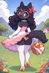 ai_generated black_fur canine cub cute dress fancy_clothing fancy_dress female furry heels jaylus_ai_testing_(artist) long_gloves long_hair outdoors outside pretty_dress solo thighhighs wolf wolf_girl young