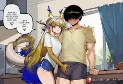 1boy ai_generated arknights black_hair blonde_hair blue_hair blue_shorts blush breasts bulge curtains dolphin_shorts dragon_horns dragon_tail earrings english_text erection erection_under_clothes female grey_hair horns indoors jewelry long_hair male_underwear multicolored_hair pointy_ears potted_plant shirt short_shorts short_sleeves shorts shu_(arknights) smile speech_bubble straight sweat t-shirt tail tillian underwear very_long_hair white_shirt window