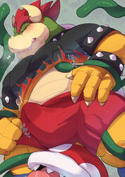 2021 anthro belly blush bottomwear bowser bulge closed_eyes clothed clothing cute_fangs duo elemental_creature erection erection_under_clothing flora_fauna hi_res humanoid_hands kemono koopa male male_only mario_(series) nintendo overweight overweight_male piranha_plant plant scalie shirosaru shirt shorts tentacle tongue tongue_out topwear video_games