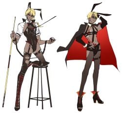 billiard_ball blonde-haired_male blonde_hair blonde_male bowtie bunny_ears bunnysuit danganronpa_another dark-skinned_male dark_skin fanganronpa jacket jacket_open makunouchi_hajime male male_only multiple_poses necktie only_male pool_cue red_eyes solo solo_male sunglasses super_danganronpa_another_2 tie white_background