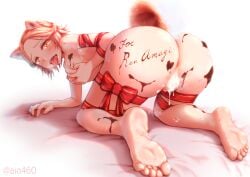 :d aiou_akahiko all_fours animal_ears anus arm_support ass ass_focus body_writing braid breasts brown_hair character_name chocolate chocolate_on_body chocolate_writing commentary_request commission dog_ears dog_girl dog_tail drooling english_text feet female food_on_body forehead full_body grabbing_own_breast half_up_braid heart heart-shaped_pupils highres medium_breasts messy_hair naked_ribbon nipples on_bed open_mouth orange_eyes parted_bangs pussy_juice red_ribbon ribbon saliva short_hair skeb_commission smile soles solo steaming_body sweat symbol-shaped_pupils tail tate_no_yuusha_no_nariagari tongue twitter_username valentine very_sweaty white_background wyndia_(tate_no_yuusha_no_nariagari)