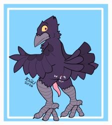 absurd_res anal anal_fluids anal_sex animal_genitalia anthro anus avian bird bodily_fluids cloaca cloacal_penis corvid corvus_(genus) crow embarrassed feet feral flat_colors genitals grey_feet hi_res karu_(karurvn) karu_ichigo karu_the_raven karurvn looking_at_viewer looking_back looking_back_at_viewer male male/male oscine passerine penetration pink_eyes purple purple_body raven solo