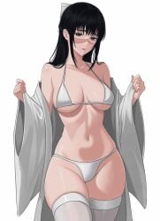 bangs bikini black_hair curvy_female hips_wider_than_shoulders isavi jacket_on_shoulders jujutsu_kaisen long_hair medium_breasts midriff scar_across_nose scar_on_face taking_off_jacket thick_thighs thighhighs utahime_iori wide_hips