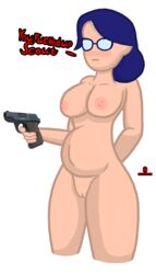 areolae artist_logo artist_name blush english_text female female_only glasses gun hand_behind_back horny horryhane miss_pauling nipples nude nude_female pregnant pregnant_belly pussy team_fortress_2 transparent_background valve weapon