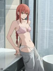 ai_generated athletic athletic_female chainsaw_man citlali_main female makima_(chainsaw_man) medium_breasts pink_bra red_hair sexy sexy_pose yellow_eyes