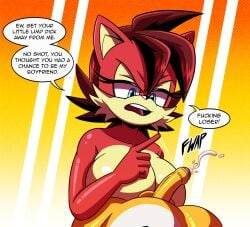 anthro archie_comics balls bodily_fluids breasts canid canine comic cum cxrryart dialogue duo english_text female fiona_fox fox fur genital_fluids genitals hi_res humiliation male male/female mammal nude penis penis_humiliation red_body red_fur sega small_penis_humiliation sonic_the_hedgehog_(archie) sonic_the_hedgehog_(comics) sonic_the_hedgehog_(series) tails tails_the_fox text yellow_body yellow_fur