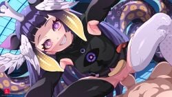 1boy armpit_cutout armpits clothed_female_nude_male clothing_cutout commentary cow_girl cowgirl_position dr-alu dutch_angle english_commentary evil_smile female femdom hair_wings highres hololive hololive_english indoors long_hair ninomae_ina'nis no_panties nude official_alternate_costume official_alternate_hairstyle penis purple_eyes purple_hair pussy signature smile straight tako_takover_(ninomae_ina'nis) tentacle tentacle_hair turtleneck uncensored vaginal_penetration